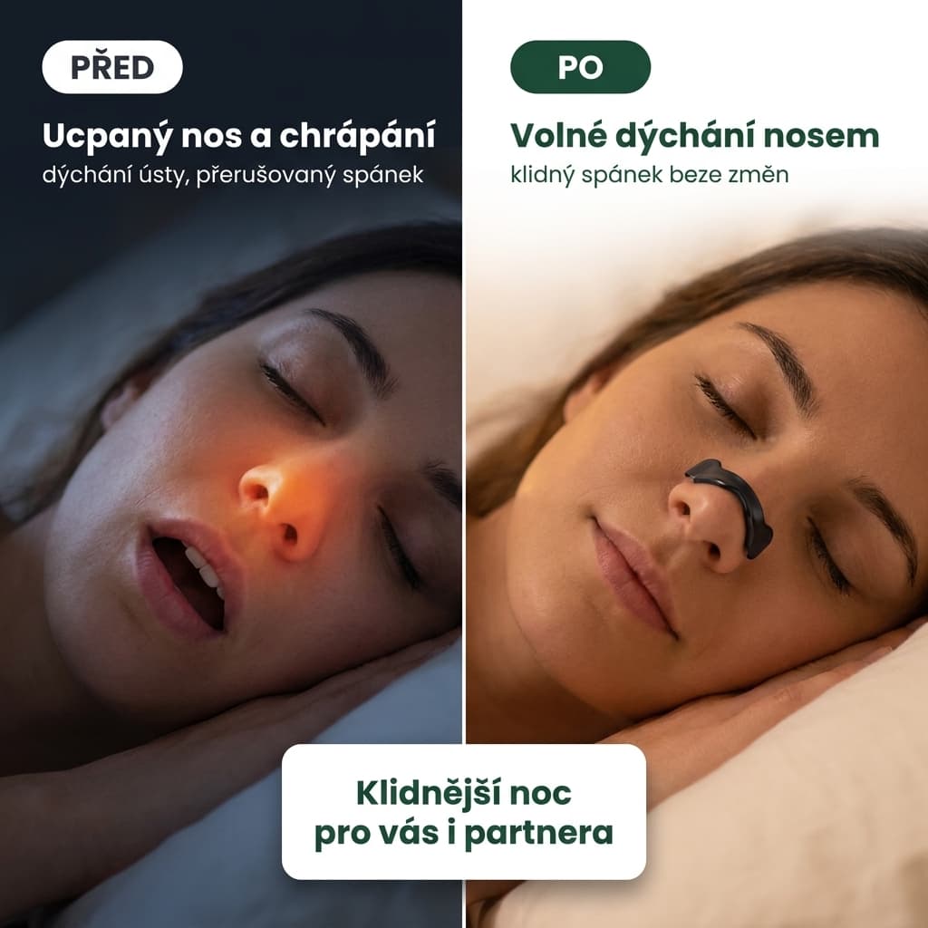 Magnetický nosní dilatátor před a po – volné dýchání nosem